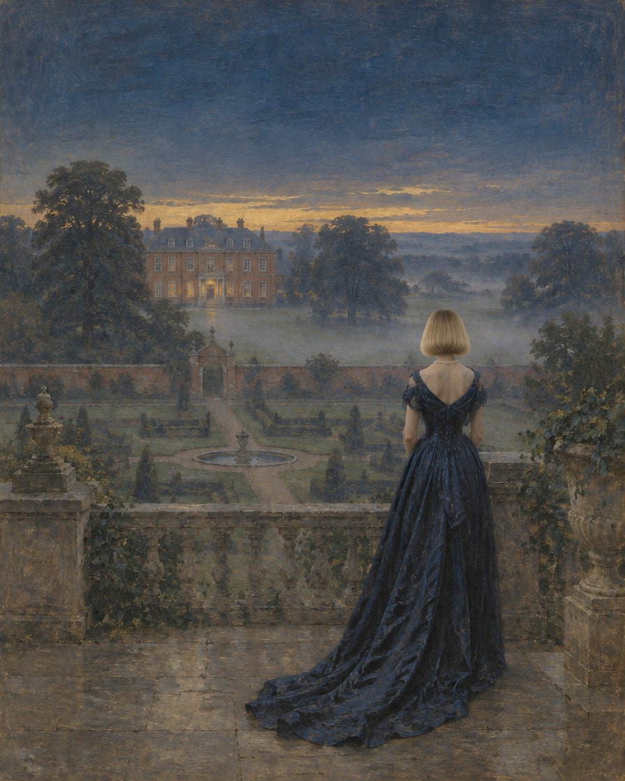 A lady on a terrace at dusk above a walled garden, an original painting