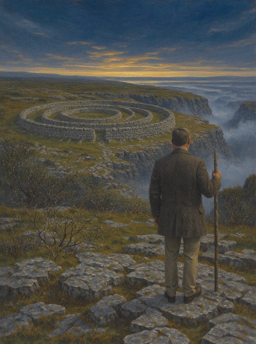 A man with a staff looking over the ring fort of Cahercommane at dusk, an original painting